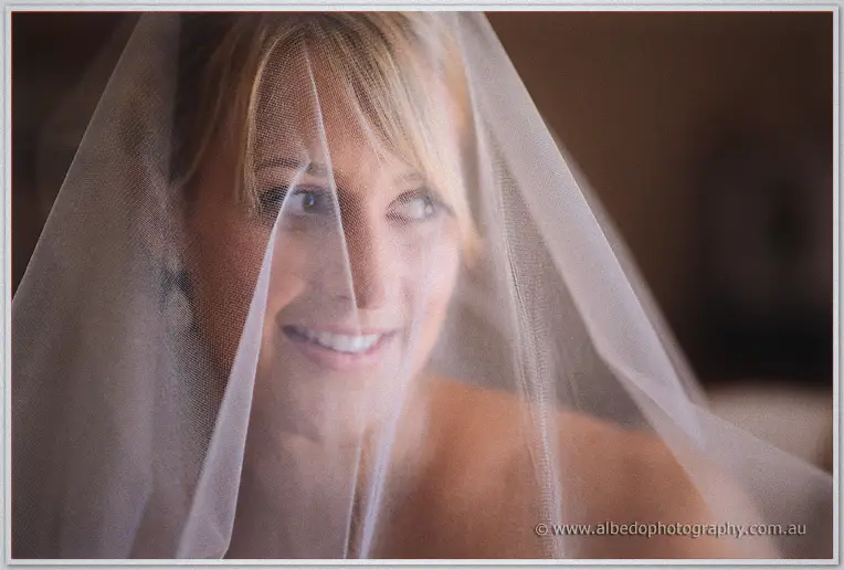 Lauren's smiling face seen through the fine tulle of her veil