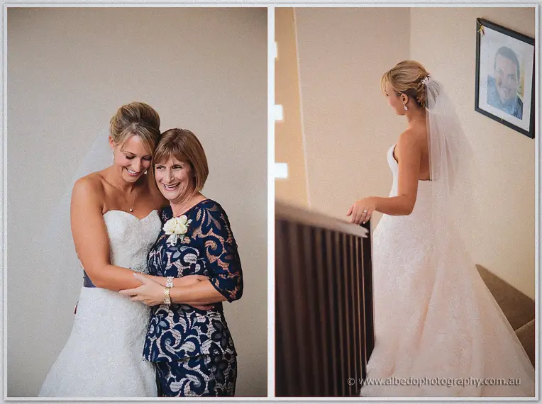 Lauren hugs her mother before leaving, then pauses on the stairs with veil trailing