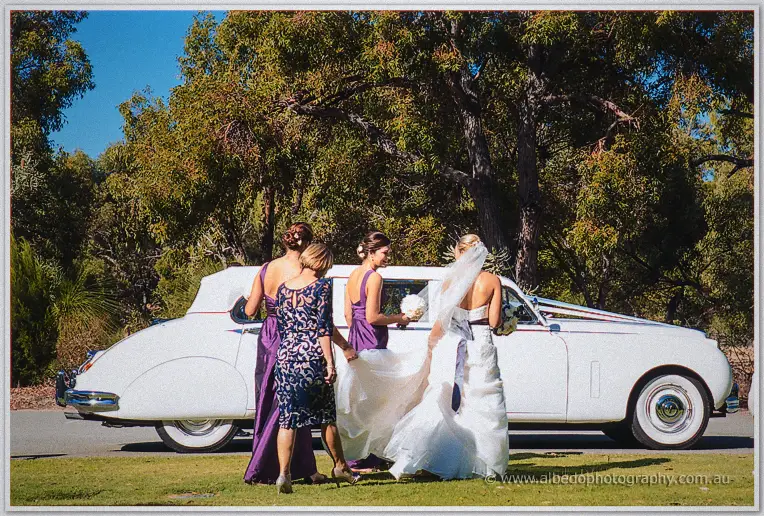 Bridesmaids in purple gowns help Lauren from the vintage car onto the lawn
