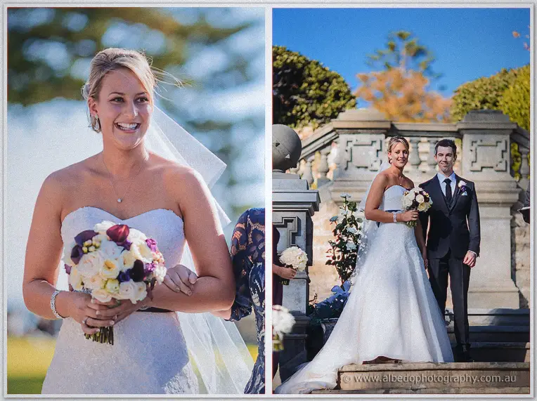 Lauren beaming mid-aisle, and the newlyweds together on the stone steps after vows
