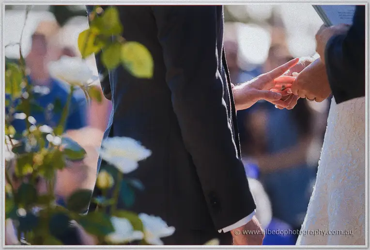 Rings exchanged in close-up as white roses blur in the foreground sunlight