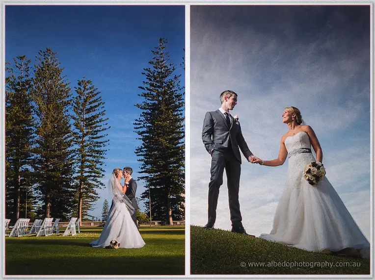 Lauren and Ryan kiss by white ceremony chairs under the pines, then hold hands on a rise at sunset