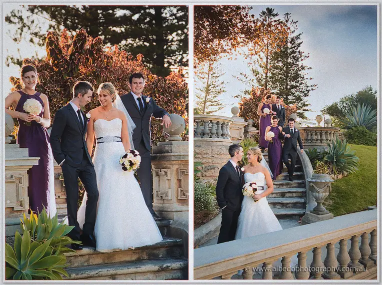 Lauren and Ryan flank their purple-gowned bridesmaids and suited groomsmen on garden steps