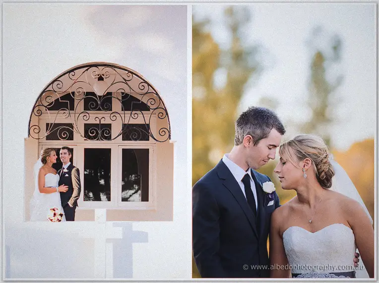 Lauren and Ryan pose by a wrought-iron archway, then gaze at each other in warm side light