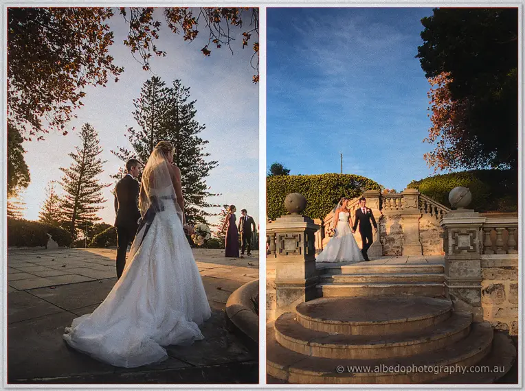 Lauren's train pools on the paving at sunset, then the pair descend weathered stone steps hand in hand