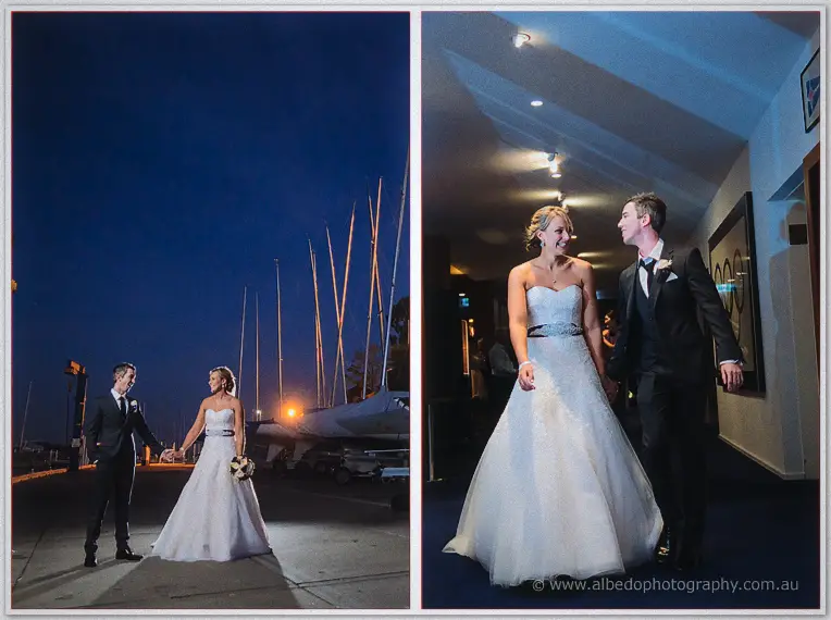 Diptych of Lauren and Ryan hand in hand at night, yacht masts glowing behind, then strolling the club corridor