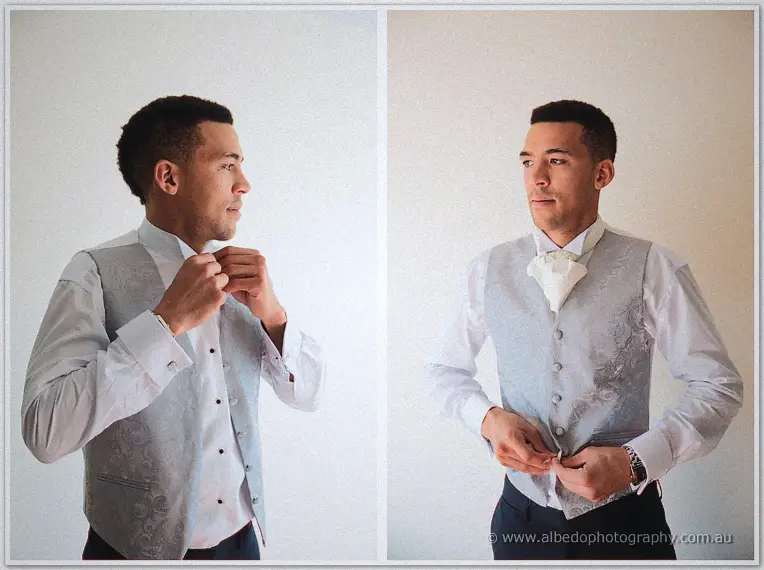Troy fastens his collar and buttons his grey waistcoat in twin getting-ready portraits by soft daylight