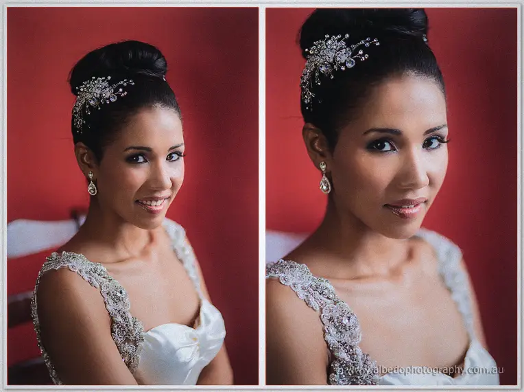Cristal smiles over her shoulder in twin beauty portraits against a deep red wall