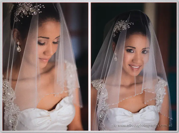 Cristal wears her sheer veil in two side-by-side portraits, glancing down then smiling up