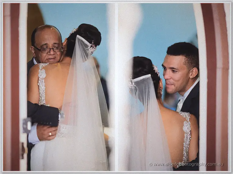 Diptych of the bride embracing her father at the doorway, then gazing back at her smiling groom.