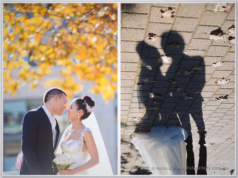 Diptych of the couple nose to nose under golden leaves, then their long shadows cast across autumn pavement.
