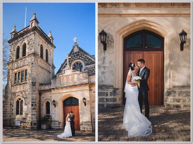 Diptych of the couple by the church's arched timber doorway, her gown train pooling on the brick paving.