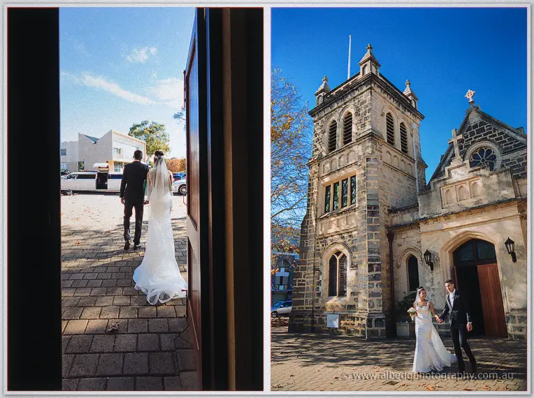 The couple framed leaving through dark doors, then set against the limestone tower under a deep blue sky.