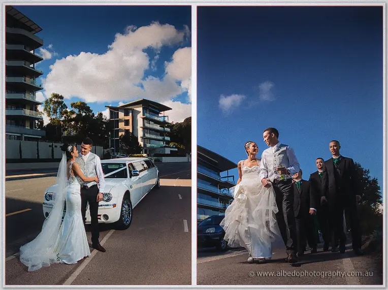 Diptych of Cristal and Troy laughing beside the white limousine, then strolling with groomsmen under blue sky.