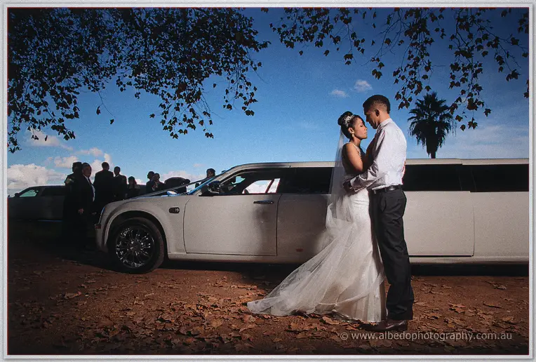 Cristal and Troy hold each other beside a white stretch limousine while guests linger in the shade.