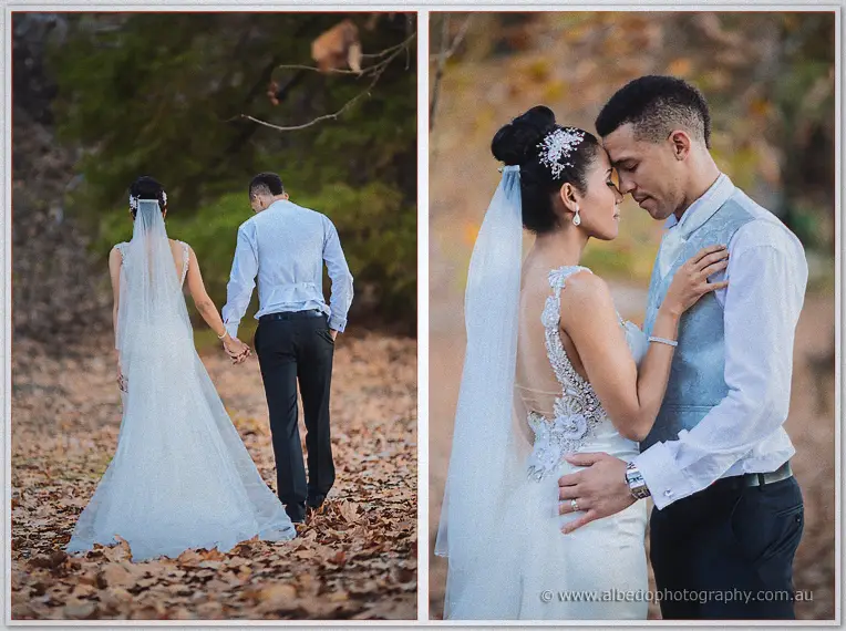 A twin frame joins the pair walking hand in hand through leaves with a forehead-to-forehead embrace.