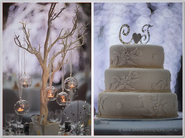 Twin frames pair hanging candle orbs on a white tree with the couple's monogrammed tiered cake.