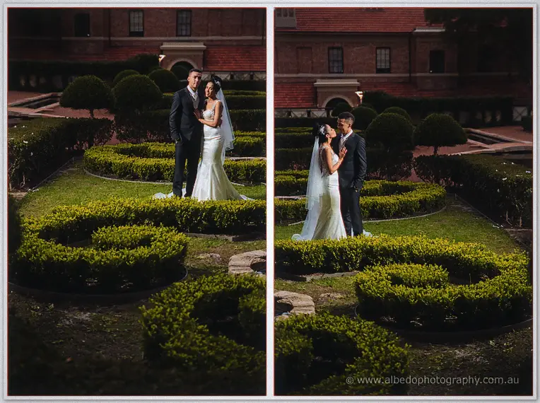 Twin night frames find the newlyweds among clipped parterre hedges below a lamplit brick facade.