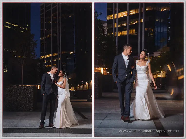 Among glass towers after dark, Cristal and Troy share a gaze and then walk arm in arm.