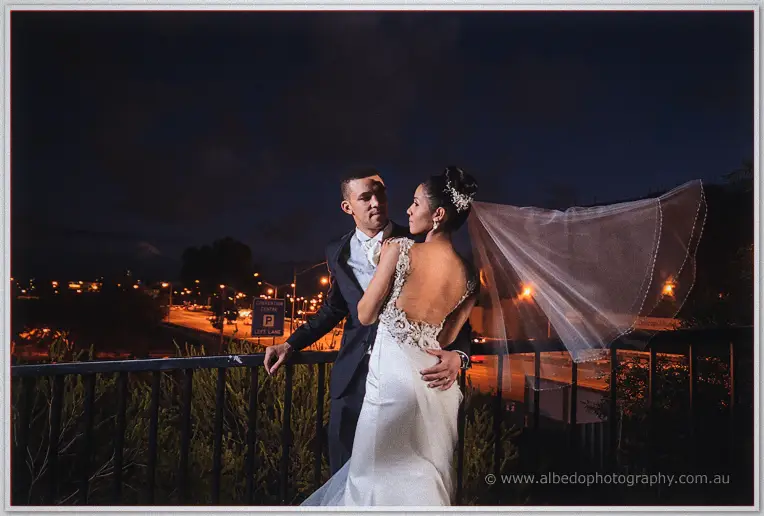 Cristal's veil streams sideways in the wind as Troy holds her above the glowing night traffic.