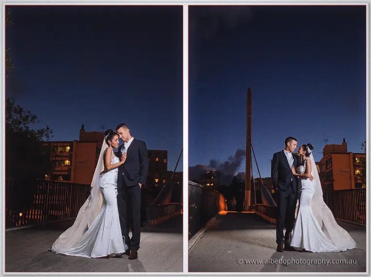 Twin bridge frames at night pair the couple's quiet embrace with the tall pylon rising behind.