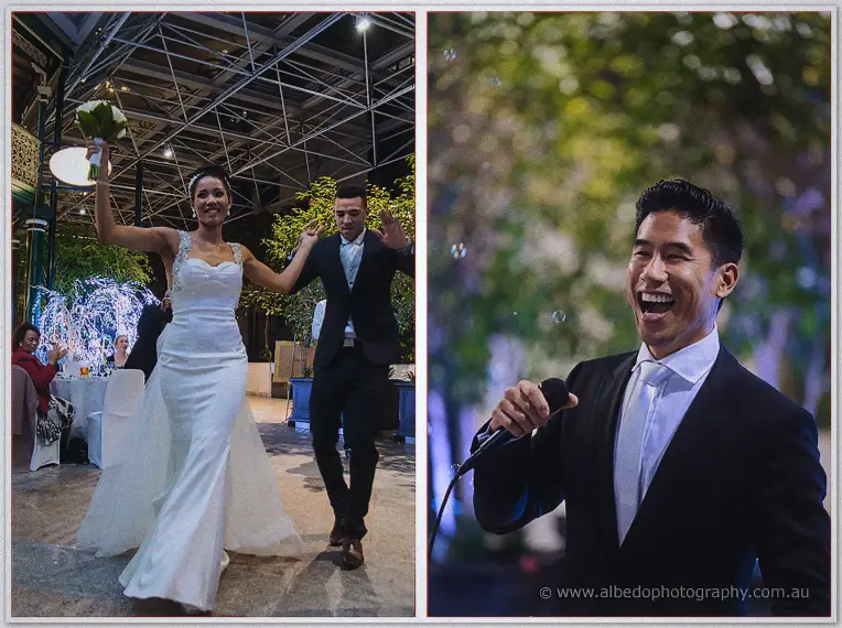 Twin reception frames pair Cristal and Troy dancing arms aloft with a groomsman's microphone laughter.