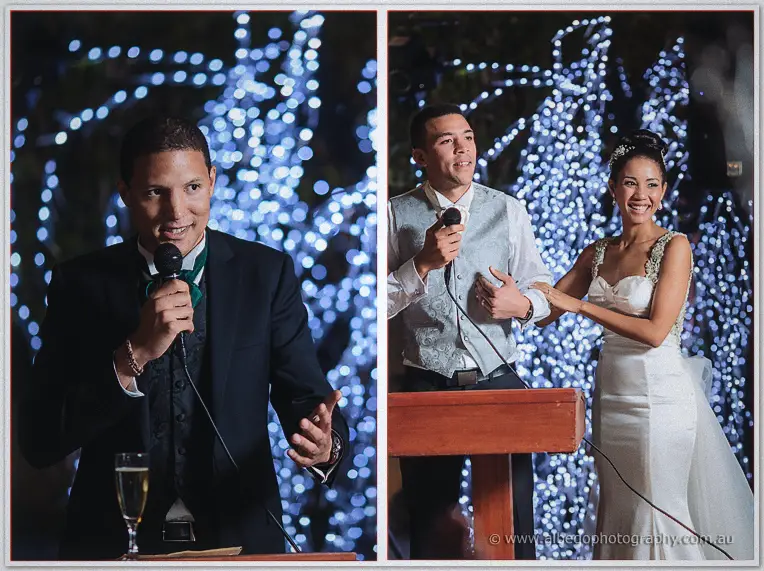 A twin frame pairs the best man's lectern speech with the newlyweds laughing beside him.