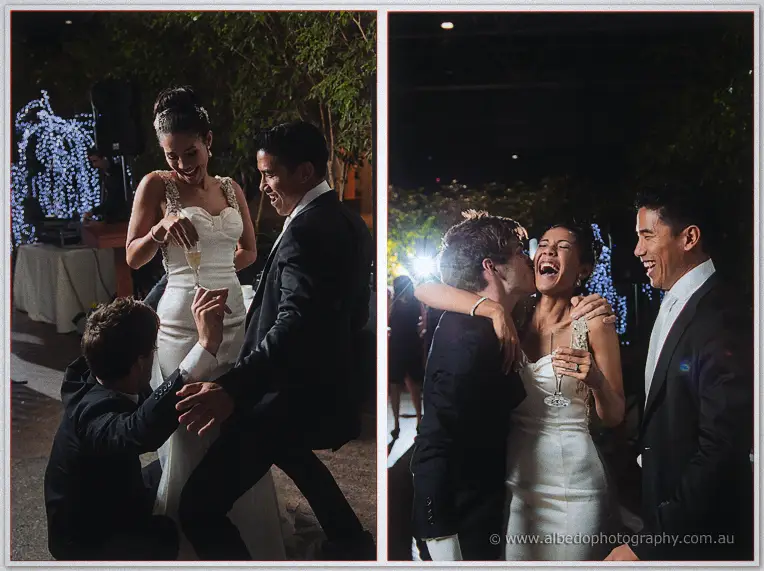 Groomsmen kiss and embrace a laughing Cristal clutching champagne during the hens-style dance antics
