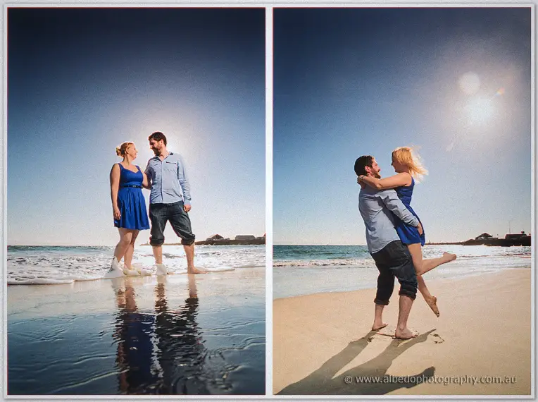 Diptych of Julie and Dale splashing in reflective shallows, then Dale sweeping Julie off her feet