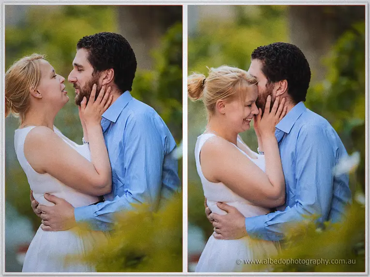 Two close frames of the pair embracing in the garden, her hands on his face and his arm around her waist