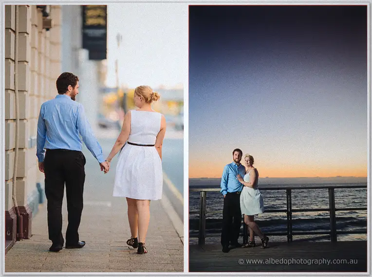 Diptych pairing the couple hand in hand along a footpath with an embrace on a dusk jetty