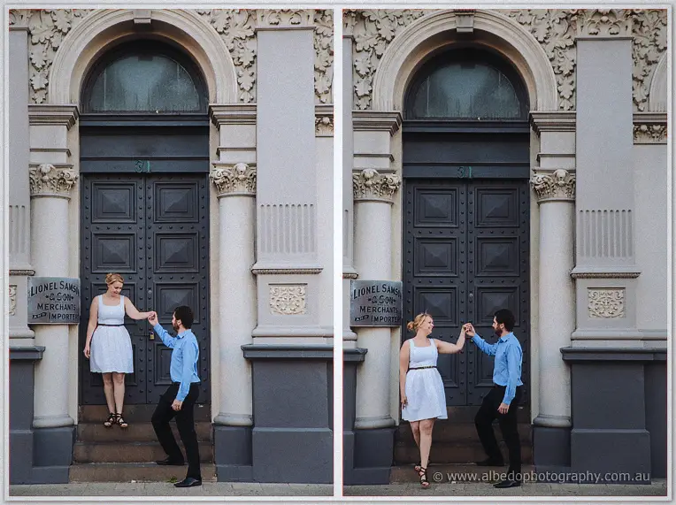 Two frames of Dale coaxing Julie down the steps of grand carved doorways as they laugh