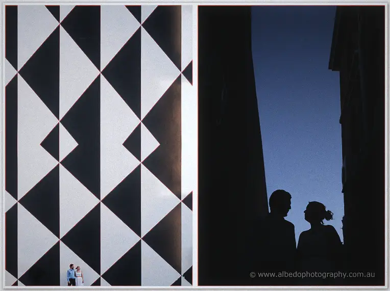 A tiny couple before a giant diamond-patterned wall, then their silhouettes against twilight blue