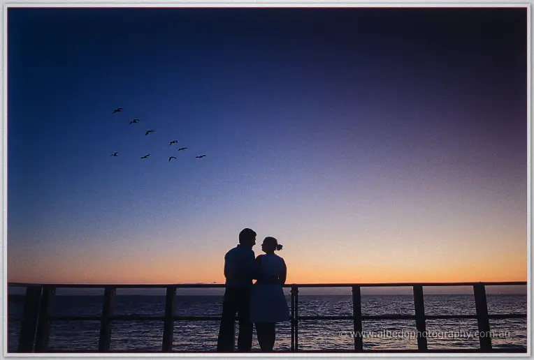 Silhouetted against the last orange light, the couple embrace on the jetty as pelicans glide past