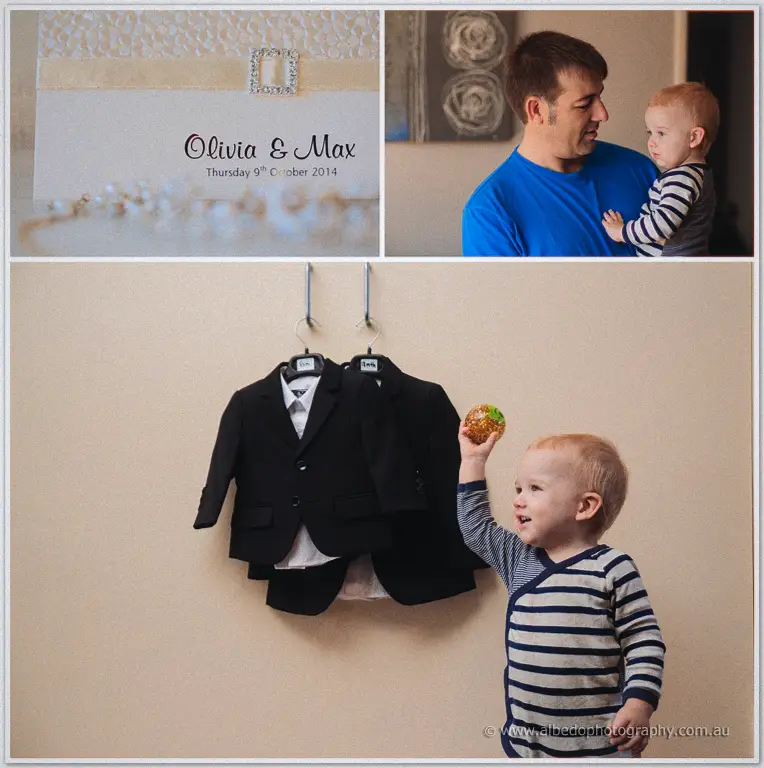 Olivia and Max's October 2014 invitation, Max cradling his toddler, and the boy reaching for a tiny suit.