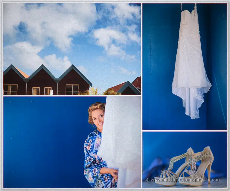 Olivia peeks from her gown in a collage of Breakwater rooftops, her dress on a blue wall and sparkly heels.