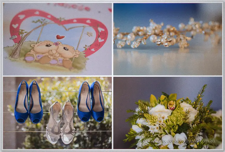 A teddy-bear wedding card, pearl headpiece, blue heels and green-tinged bouquet readied for Olivia's day.