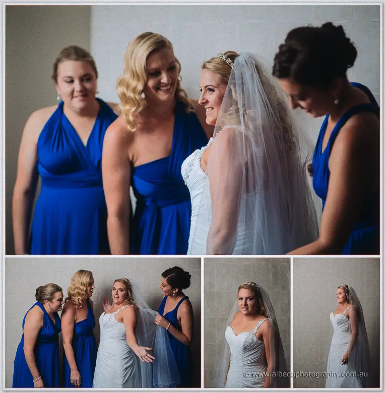 Olivia laughs with her blue-gowned bridesmaids as the veil settles, then poses alone in her gown.