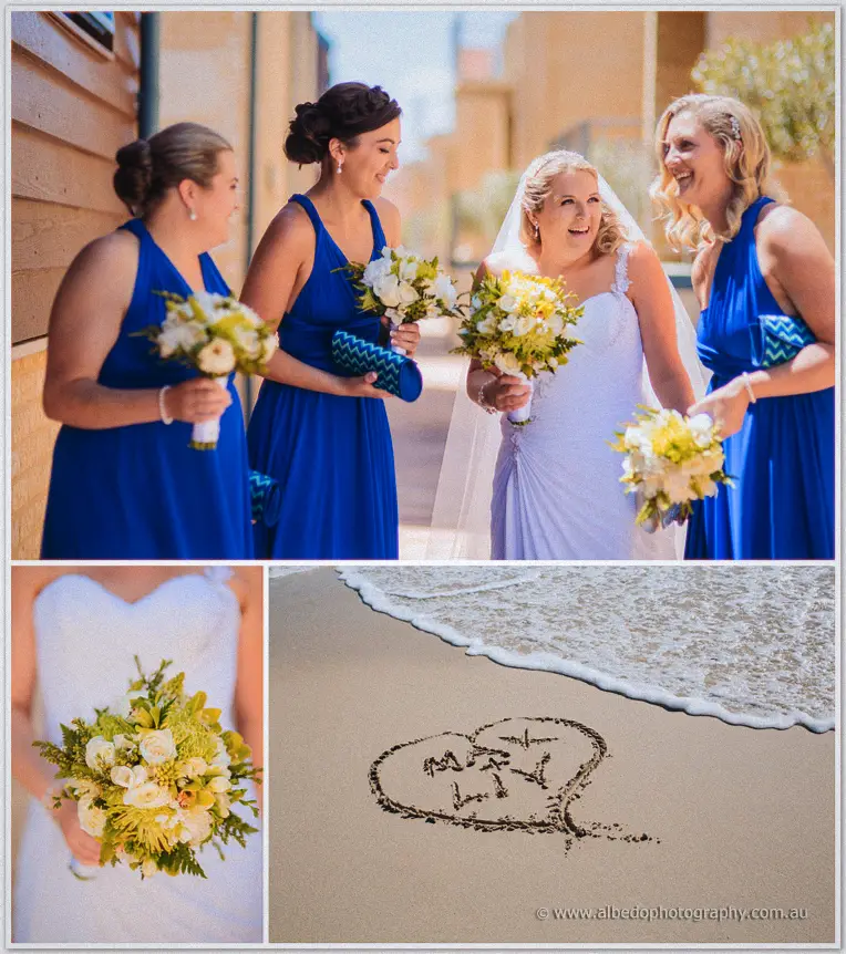 Olivia laughs with her blue-dressed bridesmaids in an alley, then a heart traced in wet beach sand.