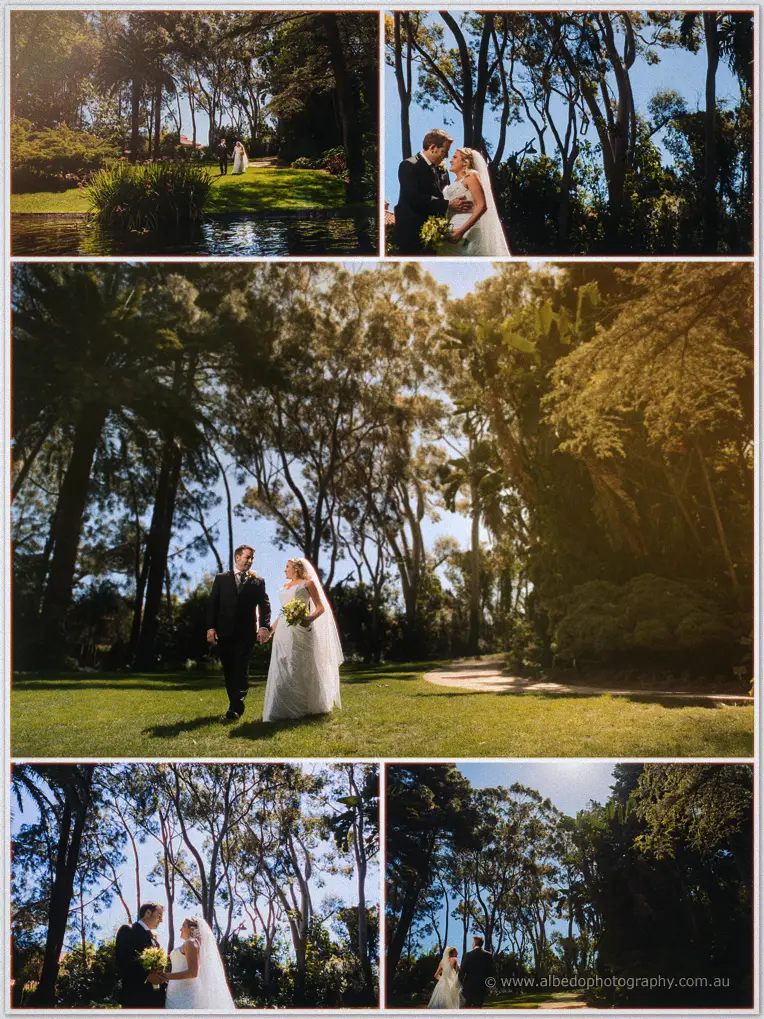 Olivia and Max stroll a golden-lit lawn, posing by a lily pond and beneath towering gum trees.