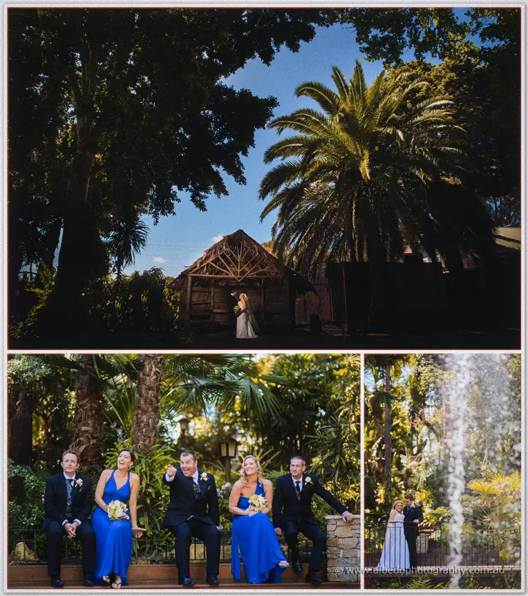 Olivia and Max shelter by a timber hut under a palm before the bridal party jokes on a bench nearby.
