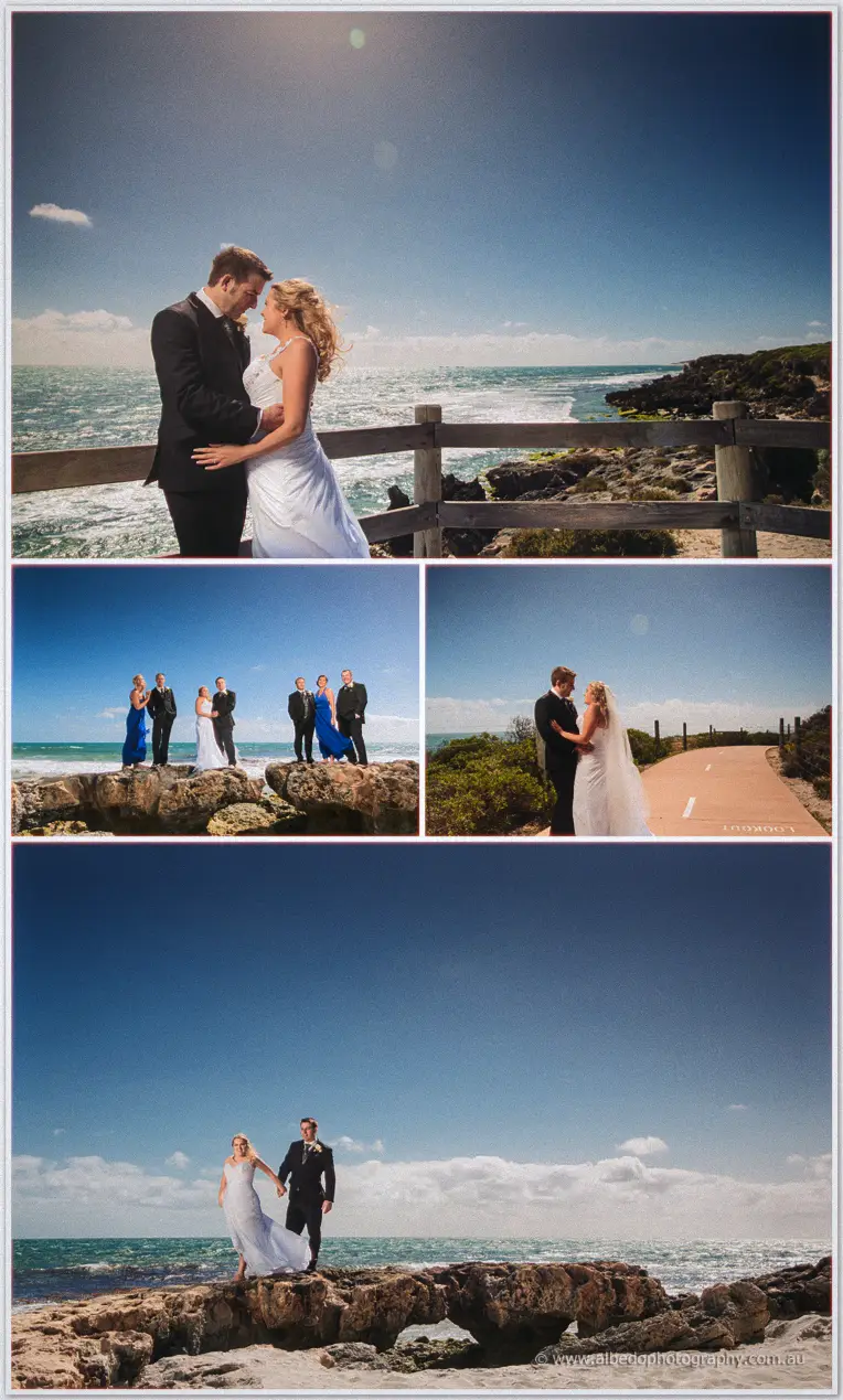 Olivia and Max hold each other against the wind at a lookout, the bridal party posed on rocks below.