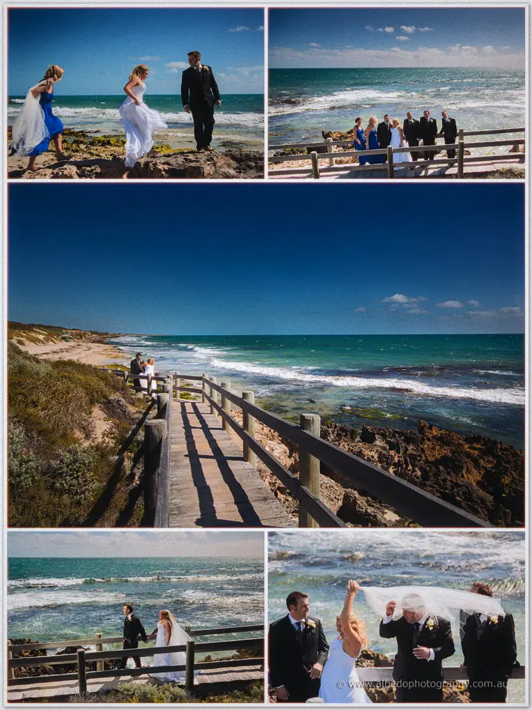 Olivia scrambles over beach rocks with Max, the bridal party laughing as wind whips her veil skyward.