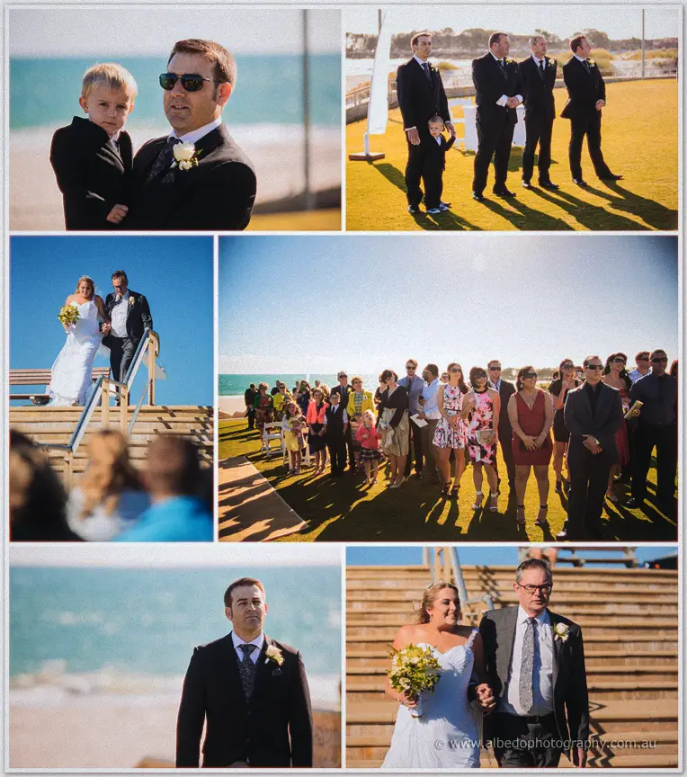 Max waits with his son and groomsmen on the lawn, then Olivia descends the steps on her father's arm.