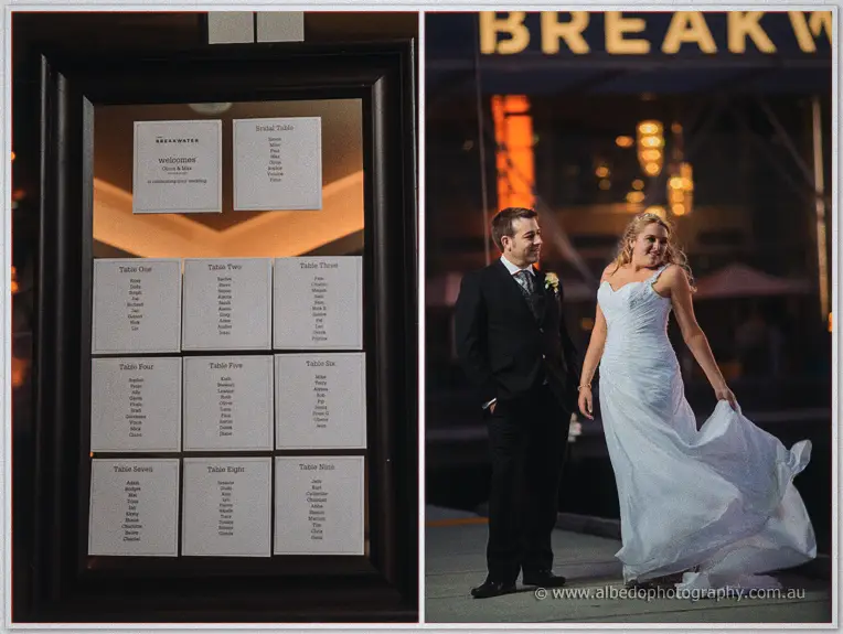 A framed table chart welcomes guests as Olivia sweeps past Max in her billowing gown at night.