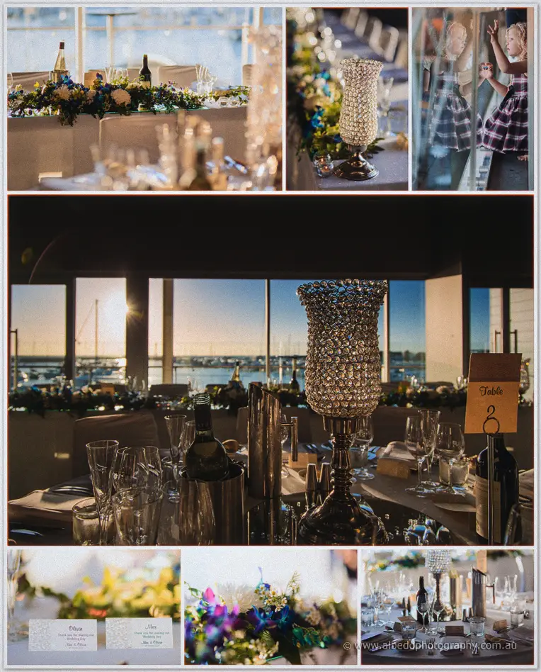 Crystal candle holders and teal florals dress the Breakwater tables against the sunset marina view.