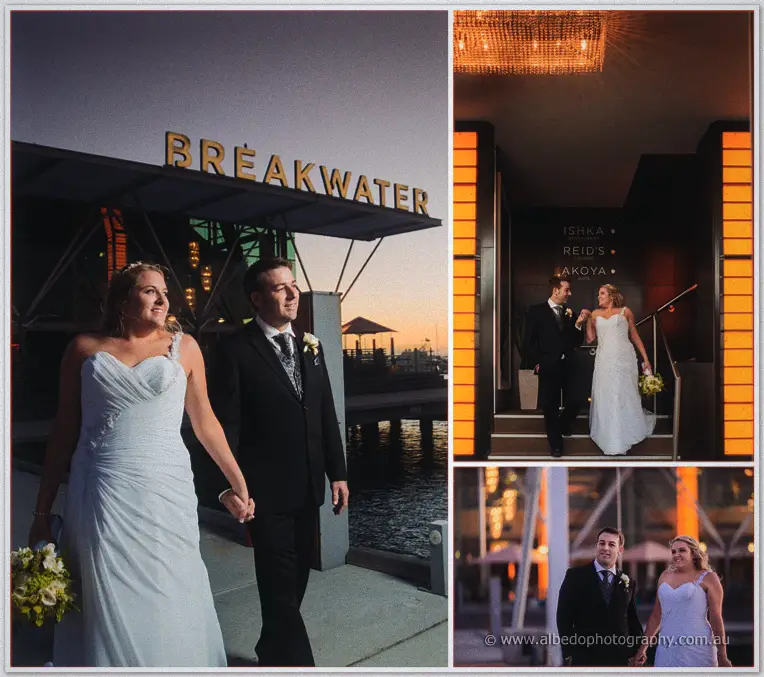 Olivia and Max walk hand in hand beneath the glowing Breakwater sign and down its warm-lit stairs.