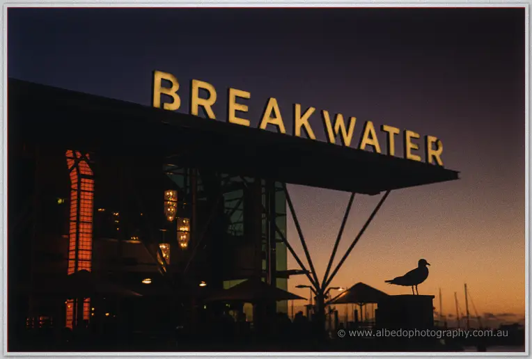 A seagull perches silhouetted before the lit Breakwater sign against a deep orange sunset sky.