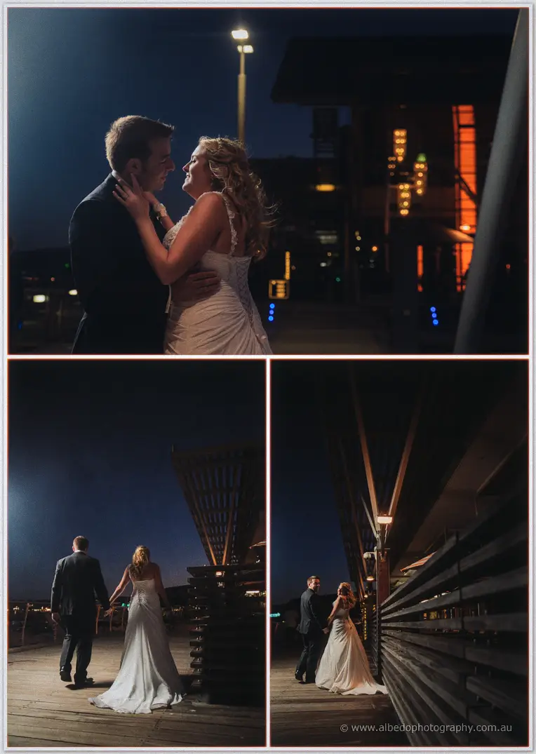 Olivia and Max embrace under lights at The Breakwater Hillarys, then walk the boardwalk hand in hand.