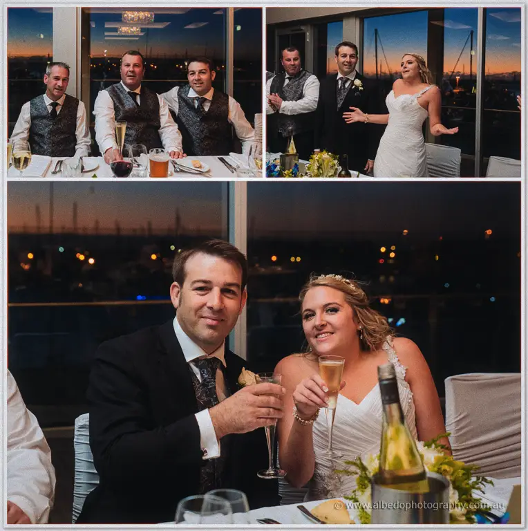 Groomsmen raise glasses as Olivia gestures mid-story, then the couple toasts champagne at dusk.